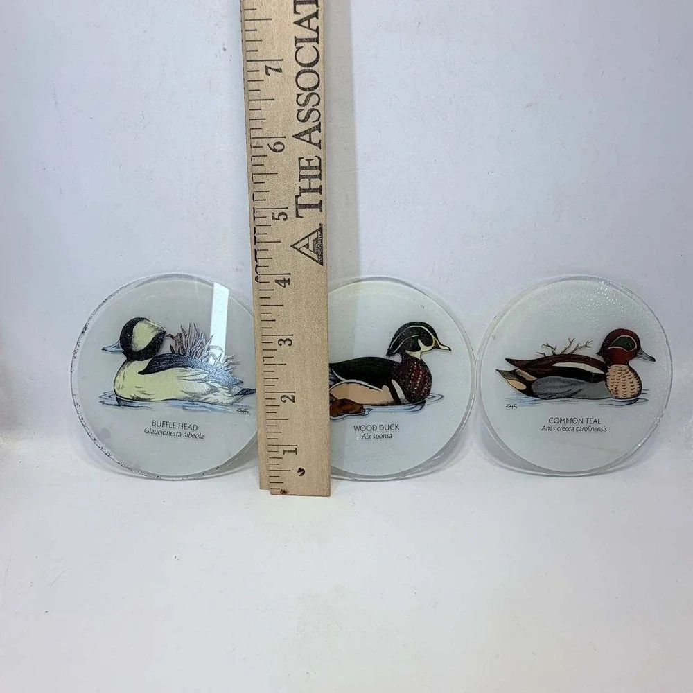 Vintage Zaffo Glass Duck Coasters Set of 3 Wood Duck Buffle Head Common Teal
